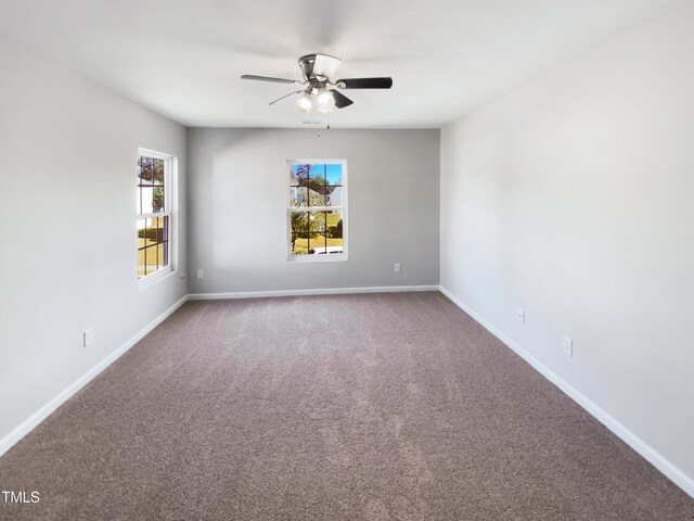 carpeted empty room featuring a wealth of natural light and ceiling fan