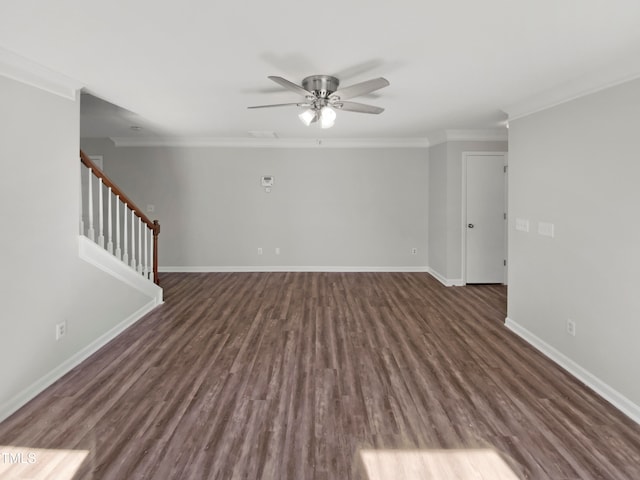 unfurnished living room with ceiling fan, ornamental molding, and dark hardwood / wood-style floors