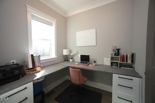 office featuring crown molding, built in desk, and dark hardwood / wood-style flooring