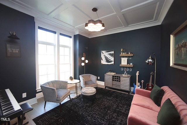 interior space featuring hardwood / wood-style flooring, coffered ceiling, and crown molding