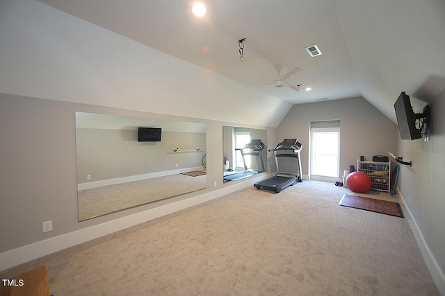 exercise area with lofted ceiling, carpet, and ceiling fan