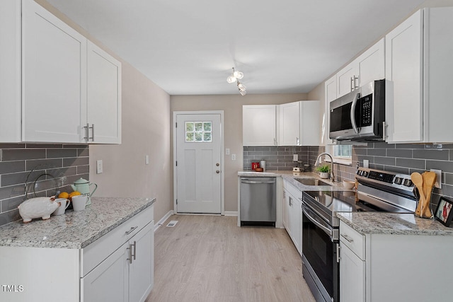 kitchen featuring decorative backsplash, white cabinetry, sink, light hardwood / wood-style floors, and stainless steel appliances