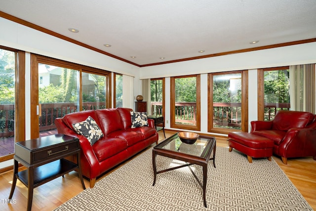 living room with a wealth of natural light, a textured ceiling, light hardwood / wood-style flooring, and crown molding