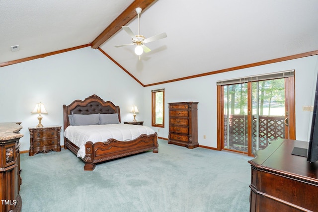 carpeted bedroom featuring access to exterior, high vaulted ceiling, beamed ceiling, and ceiling fan