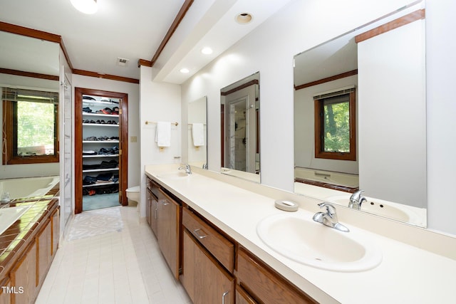 bathroom featuring vanity, a wealth of natural light, tile patterned flooring, and crown molding