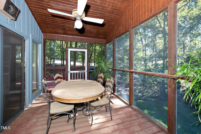 sunroom / solarium with lofted ceiling, ceiling fan, and wood ceiling