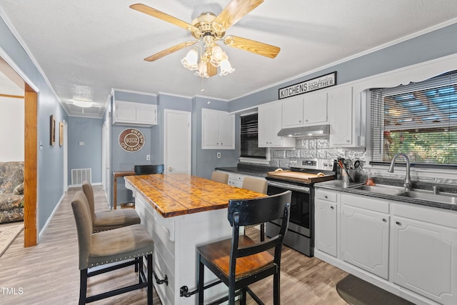 kitchen with white cabinets, electric range, light hardwood / wood-style floors, crown molding, and sink