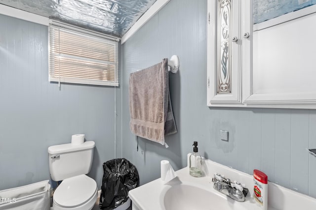 bathroom with toilet, wood walls, and vanity