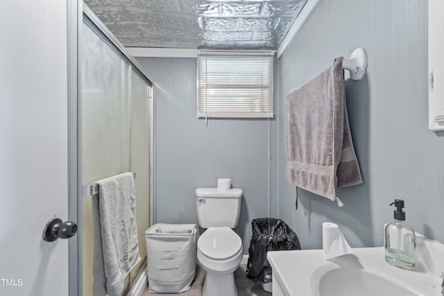 bathroom with vanity, a shower with shower door, and toilet