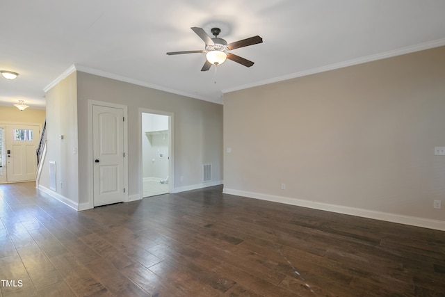 unfurnished room with crown molding, dark wood-type flooring, and ceiling fan