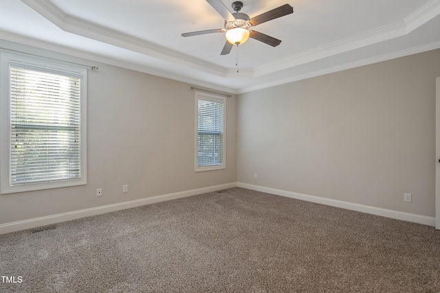 carpeted spare room featuring crown molding, a raised ceiling, and a wealth of natural light