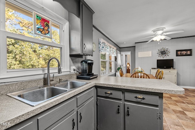 kitchen featuring gray cabinets, sink, kitchen peninsula, and plenty of natural light