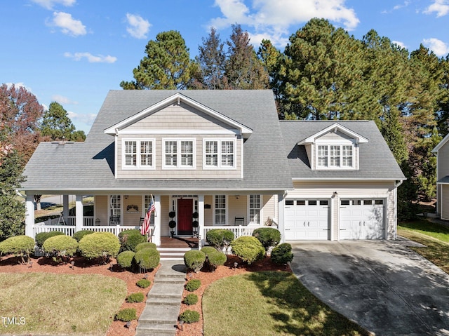 view of front of house featuring a front lawn, a garage, and a porch