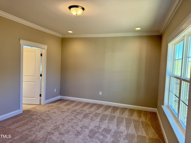 unfurnished room featuring crown molding and light colored carpet