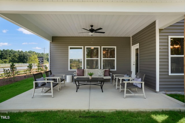 view of patio / terrace featuring ceiling fan and an outdoor hangout area