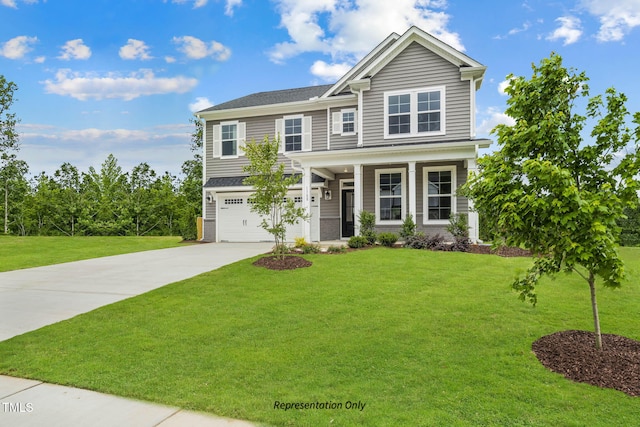 craftsman-style home featuring a front lawn and a garage