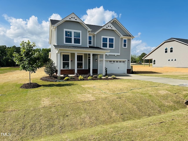 craftsman inspired home featuring driveway, board and batten siding, an attached garage, a porch, and a front yard