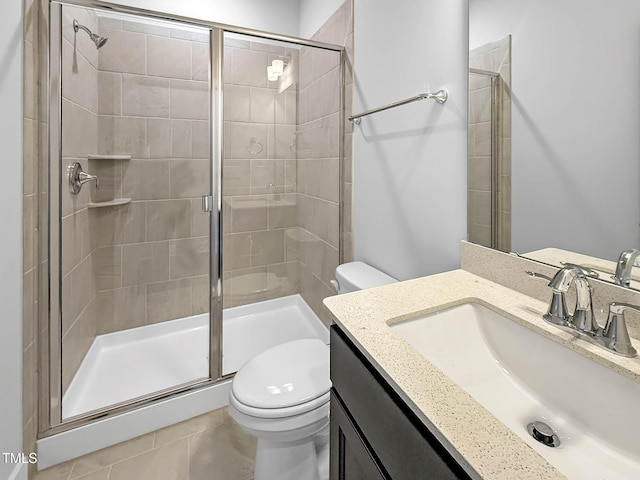 full bath featuring toilet, a shower stall, and vanity