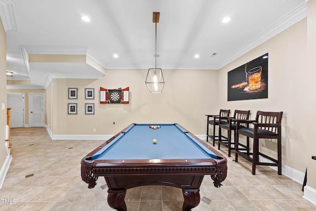 game room featuring ornamental molding and billiards