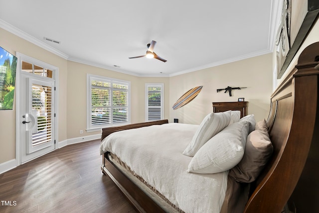 bedroom featuring access to outside, ceiling fan, dark hardwood / wood-style floors, and ornamental molding