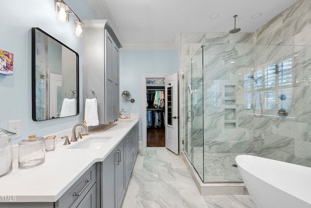 bathroom featuring vanity, independent shower and bath, and crown molding