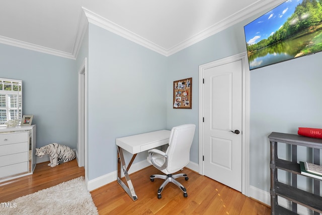 office featuring light hardwood / wood-style flooring and ornamental molding