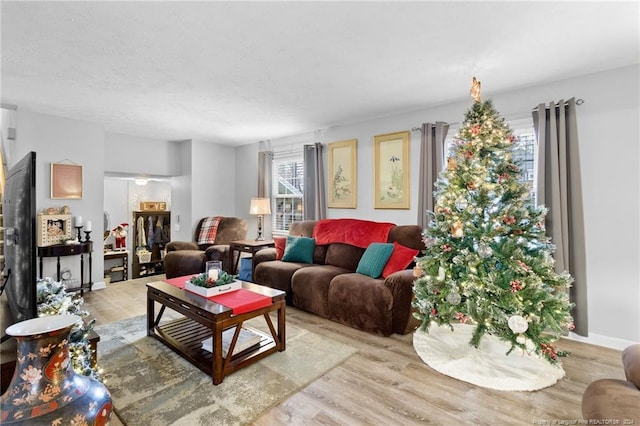 living room featuring light hardwood / wood-style floors and a textured ceiling