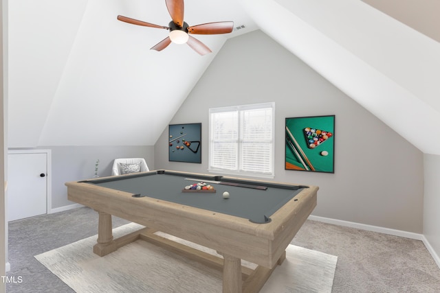 playroom with light carpet, ceiling fan, vaulted ceiling, and billiards