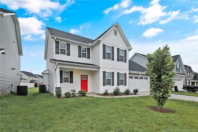 view of front of property with central AC and a front lawn