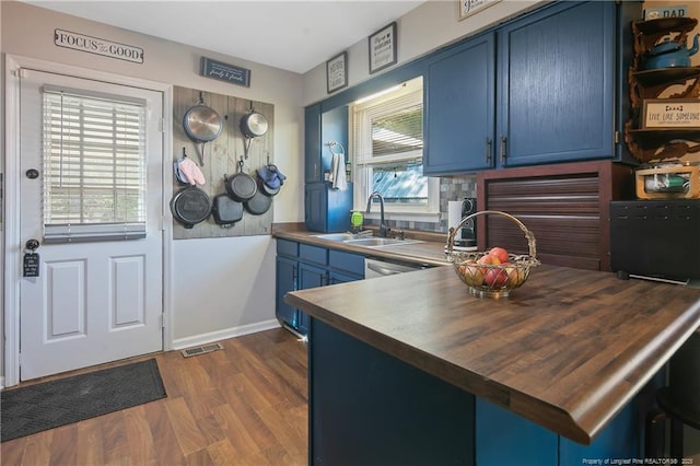 kitchen featuring butcher block countertops, visible vents, dark wood-type flooring, a sink, and blue cabinets