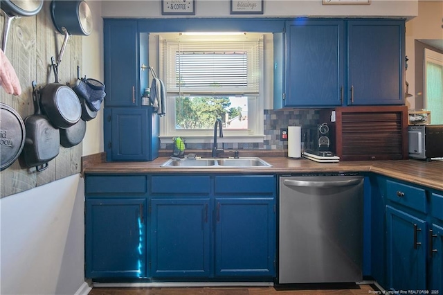 kitchen featuring a sink, blue cabinetry, and stainless steel dishwasher