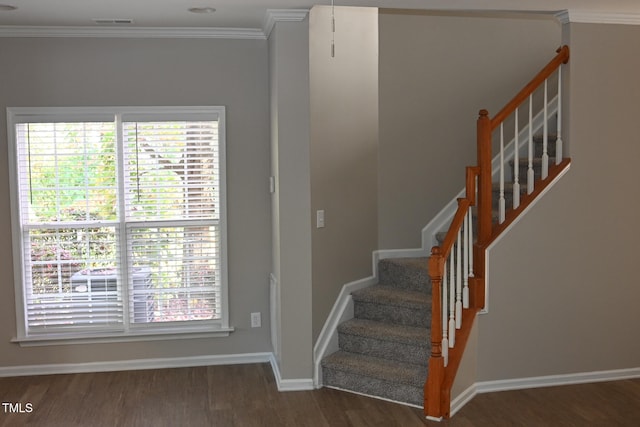 staircase featuring hardwood / wood-style floors and ornamental molding