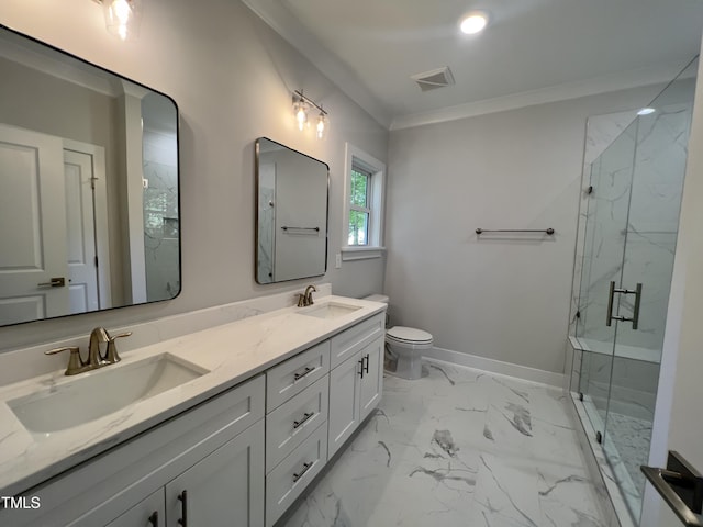 2710-A Mansfield Ave, Durham, NC 27703 - bathroom featuring a marble finish shower, toilet, double vanity, marble look tile flooring, and baseboards