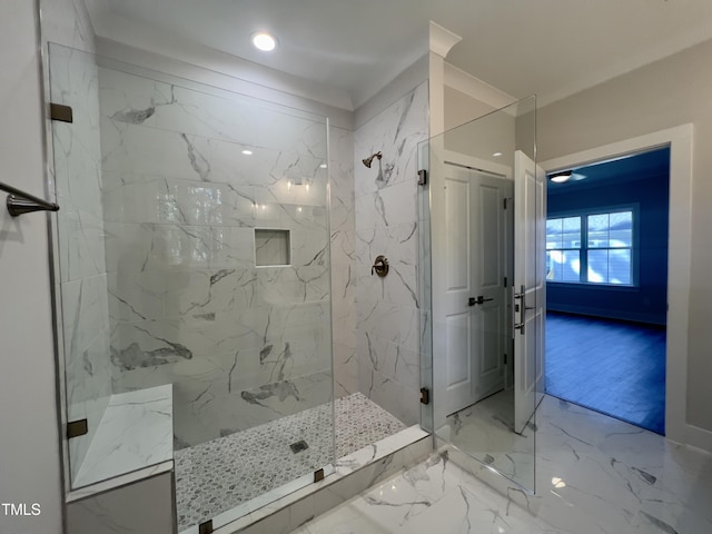 2710-A Mansfield Ave, Durham, NC 27703 - full bath featuring a marble finish shower, recessed lighting, and marble finish flooring
