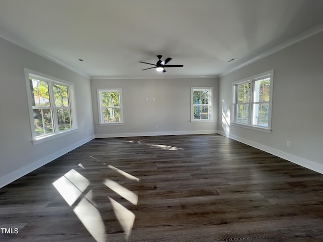 empty room with crown molding, dark hardwood / wood-style floors, and ceiling fan