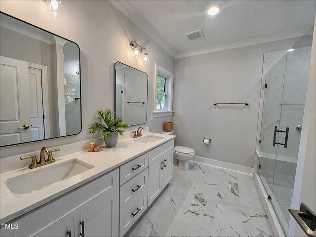 bathroom featuring crown molding, toilet, an enclosed shower, and vanity