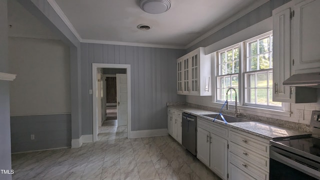 kitchen featuring light stone counters, white cabinetry, sink, crown molding, and stainless steel appliances