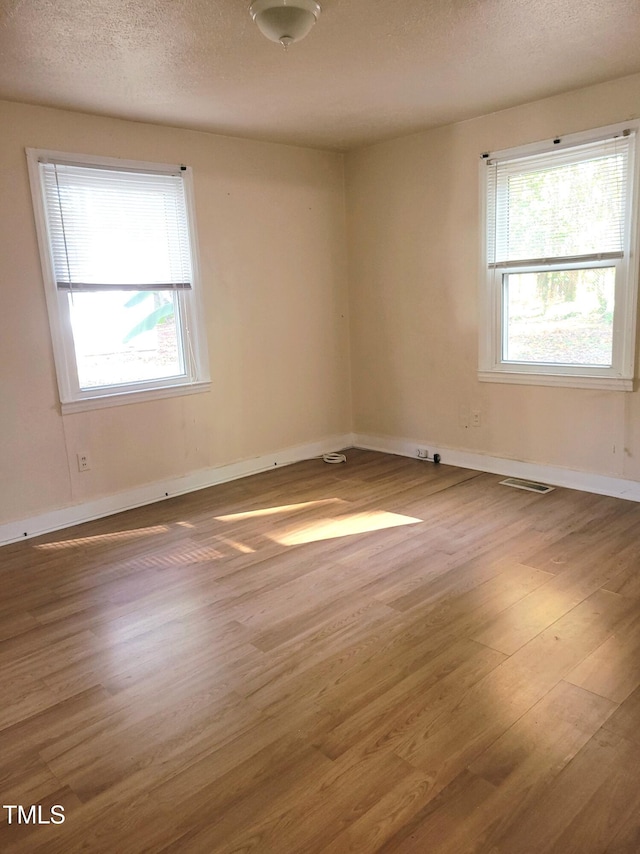 empty room featuring a textured ceiling, wood-type flooring, and a healthy amount of sunlight