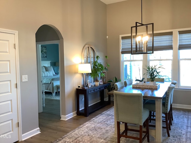 dining room with dark hardwood / wood-style flooring, plenty of natural light, and an inviting chandelier