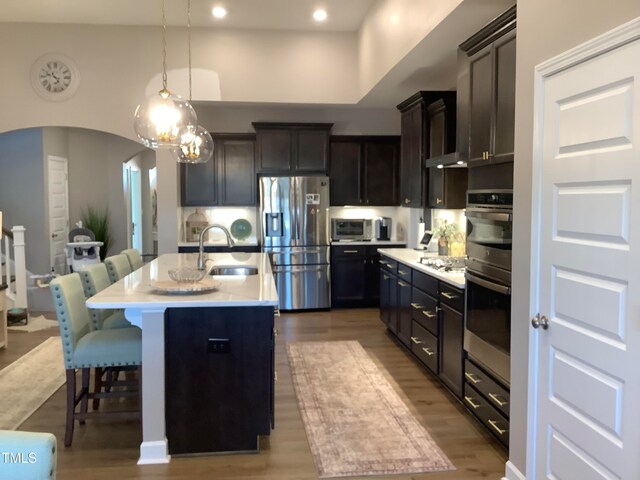 kitchen featuring hanging light fixtures, a breakfast bar, a kitchen island with sink, sink, and stainless steel appliances