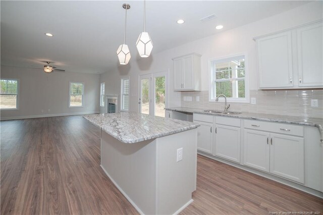 kitchen featuring white cabinetry, a wealth of natural light, dark wood-type flooring, and sink