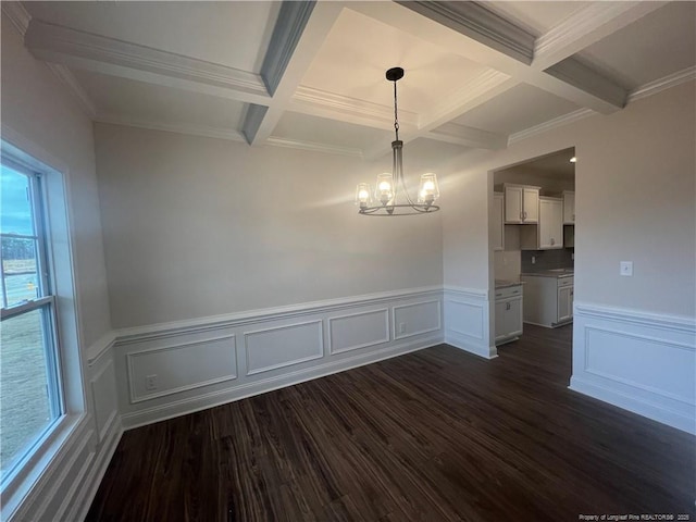 interior space with beamed ceiling, coffered ceiling, dark wood-type flooring, and an inviting chandelier