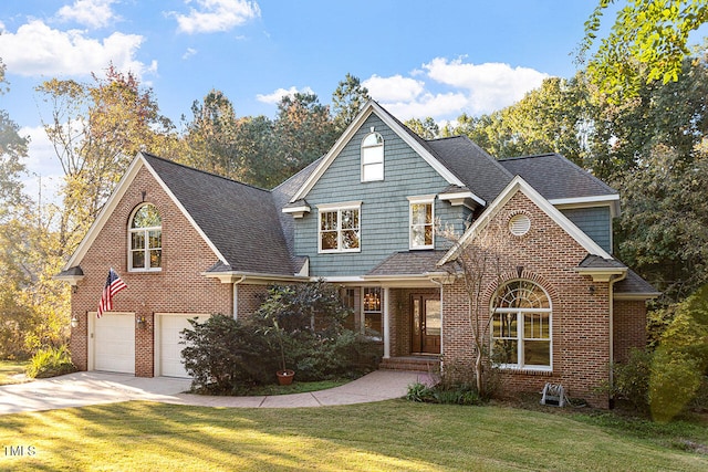 front facade with a front yard and a garage