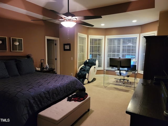 carpeted bedroom featuring ceiling fan