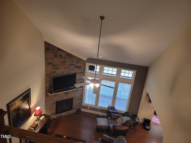 living room featuring vaulted ceiling, dark wood-type flooring, and a fireplace