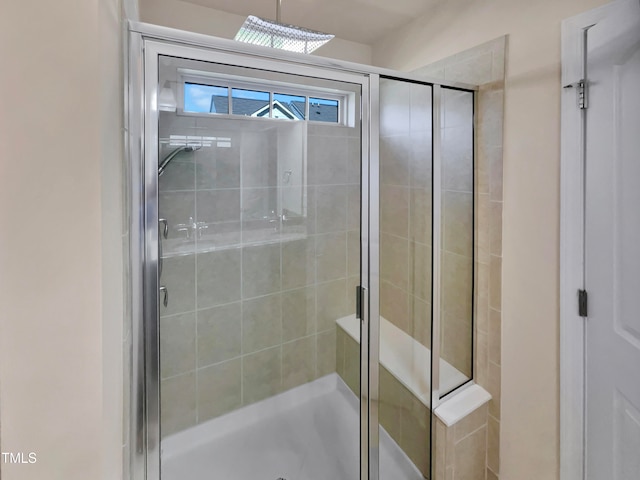 bathroom with a shower with shower door