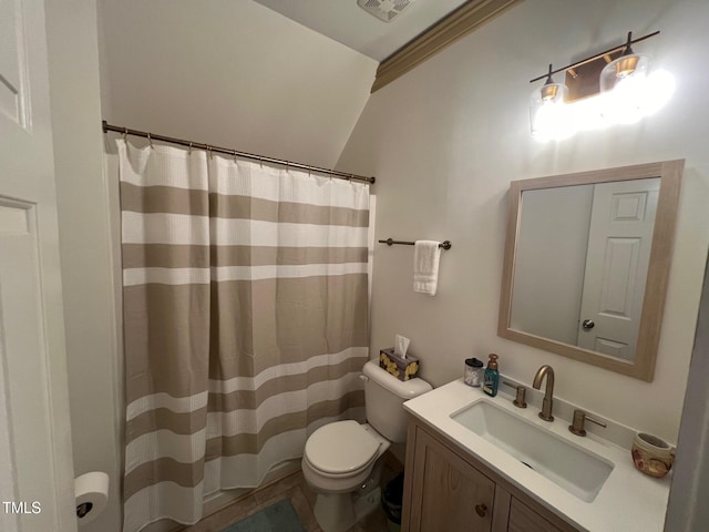 bathroom featuring vanity, toilet, ornamental molding, and curtained shower