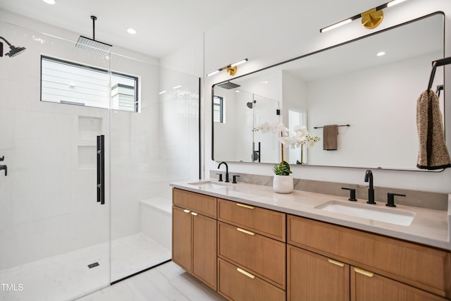 713 N State St, Raleigh, NC 27604 - bathroom with a shower stall, double vanity, and recessed lighting