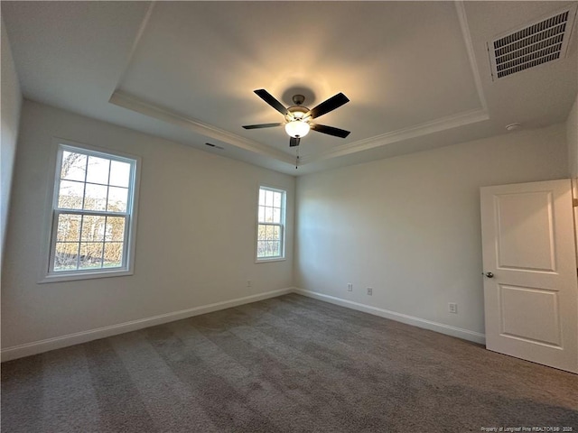 carpeted spare room with ceiling fan and a tray ceiling