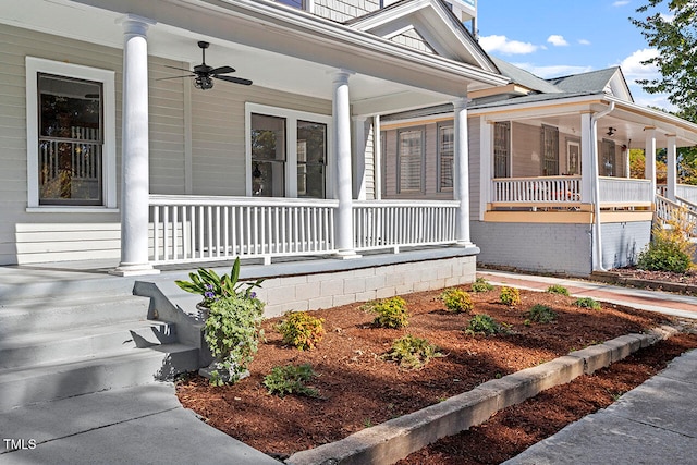 view of side of property with a porch and ceiling fan